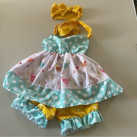 Boutique toddler outfit two piece set chicken pattern with baby bling bow size S - Picture 9 of 10